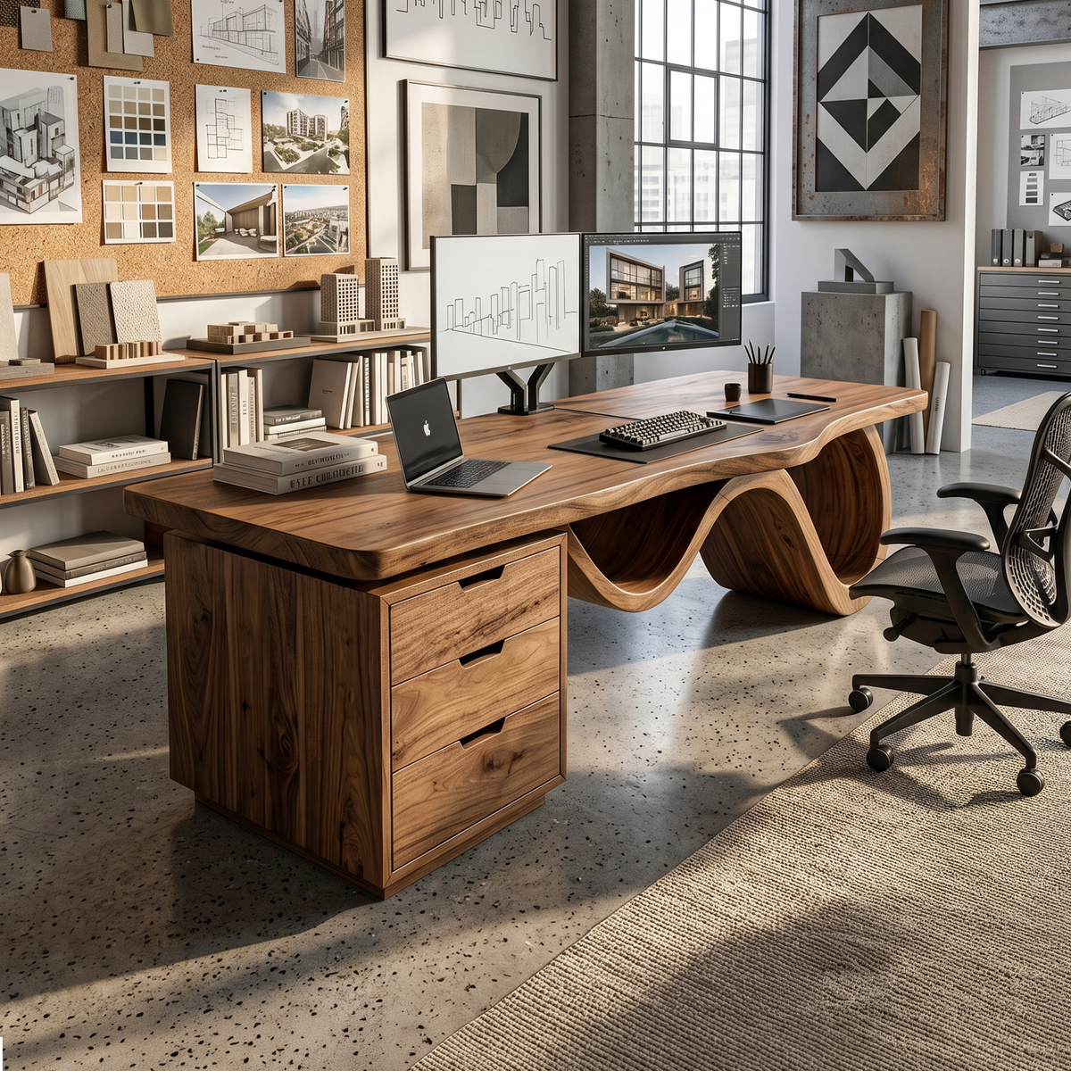 L-Shaped Wave Base Wooden Executive Desk For Studio Offices