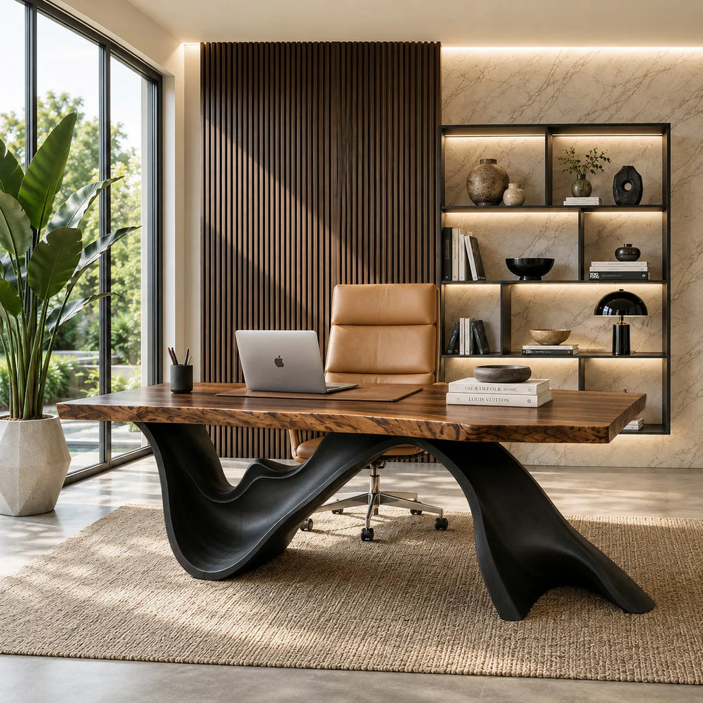 Live Edge Executive Desk With Dark Curved Sculptural Bases