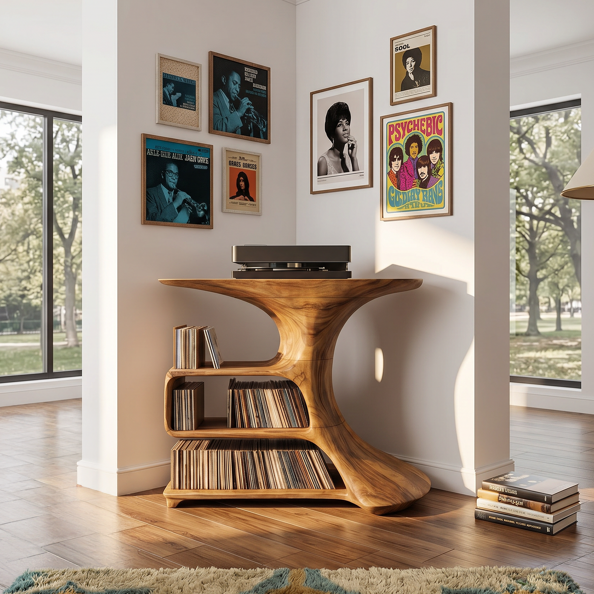 Mid Century Record Stand, Solid Wood Media Console for Bedroom