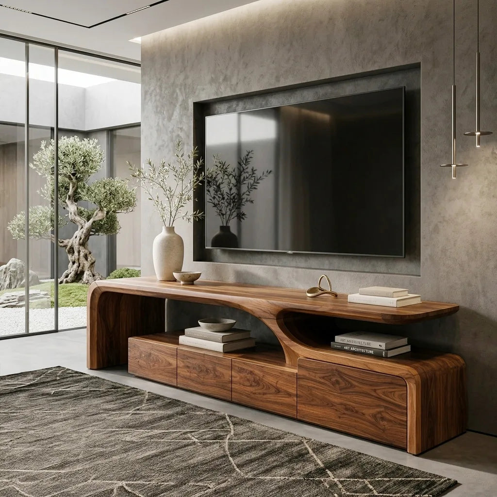 Long Low Curved Wood Media Console, 65 To 93 Inch Wide