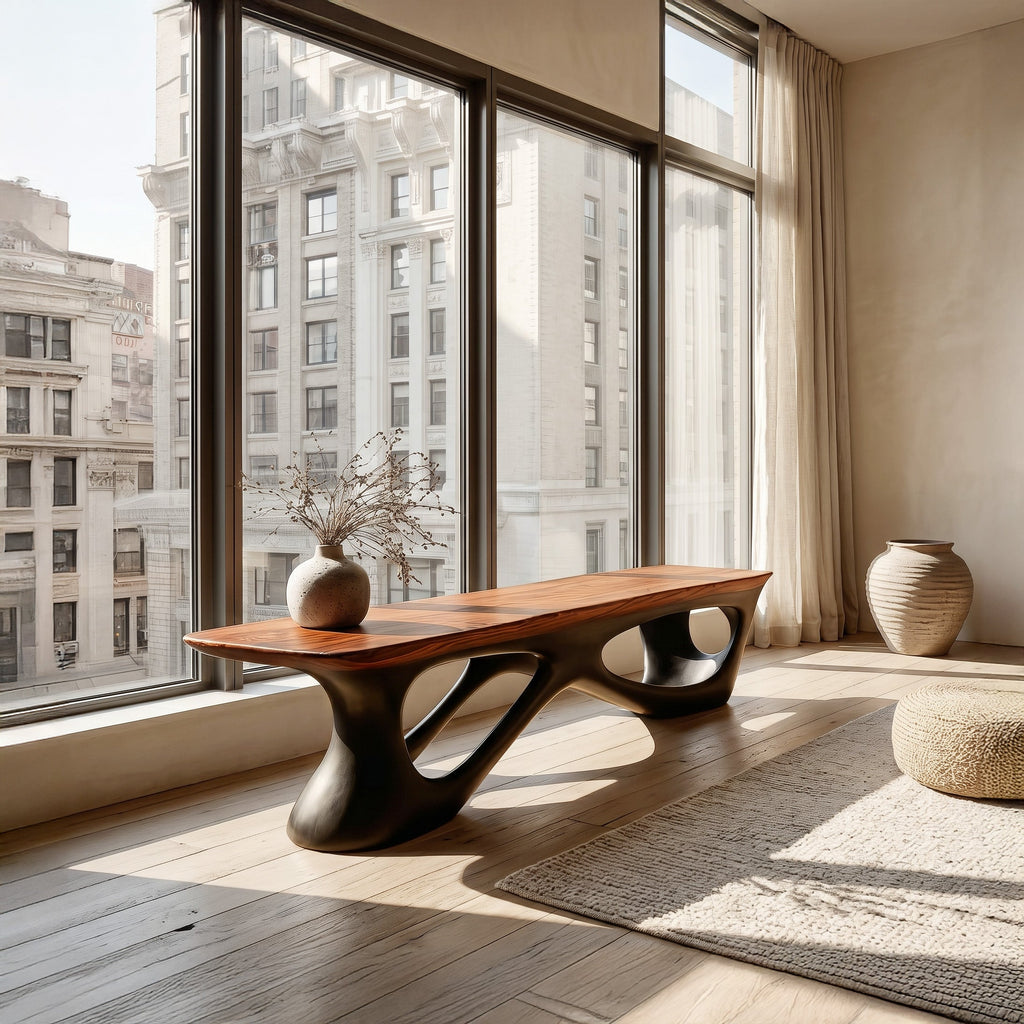 Natural Wood Window Seat Bench With Architectural Base