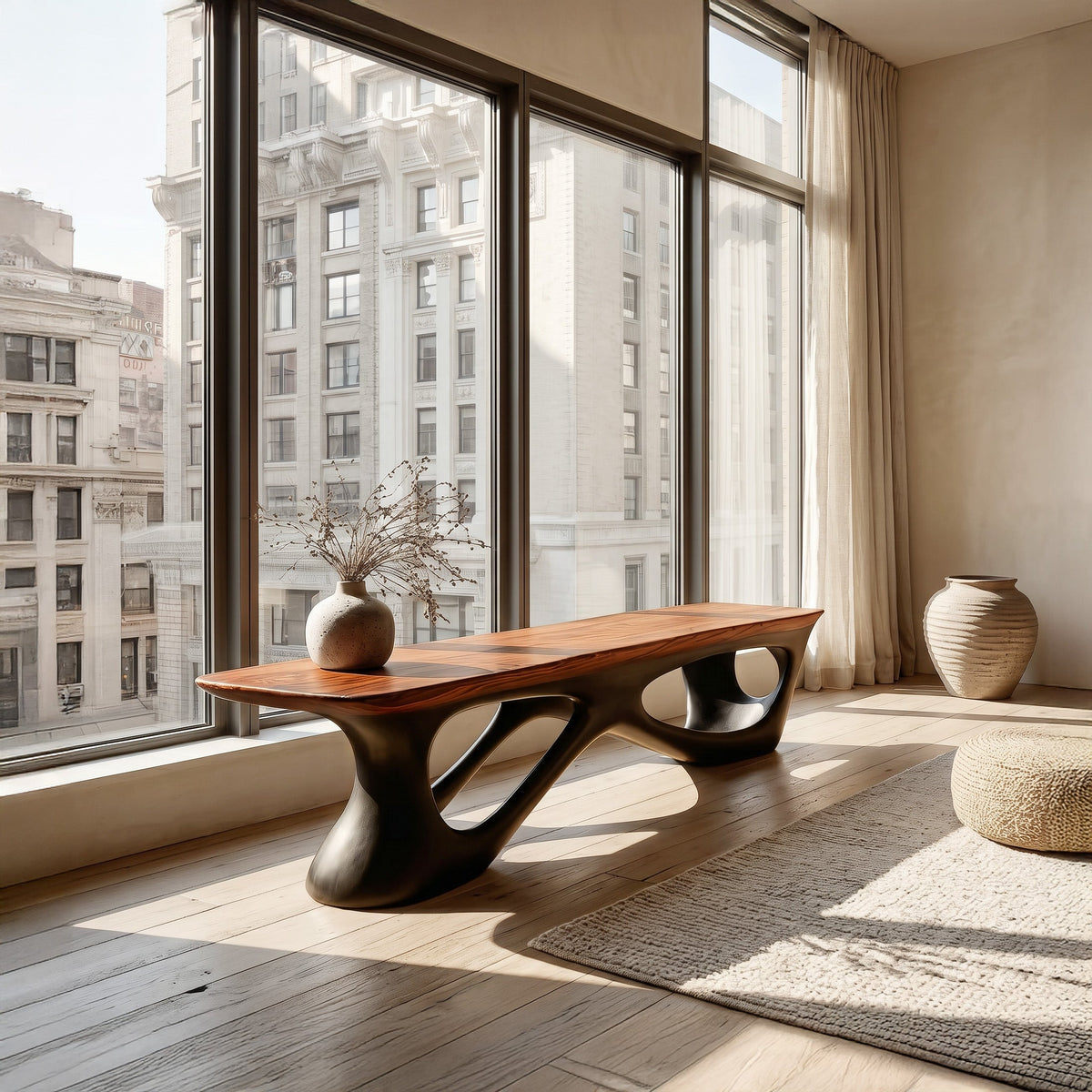 Natural Wood Window Seat Bench With Architectural Base