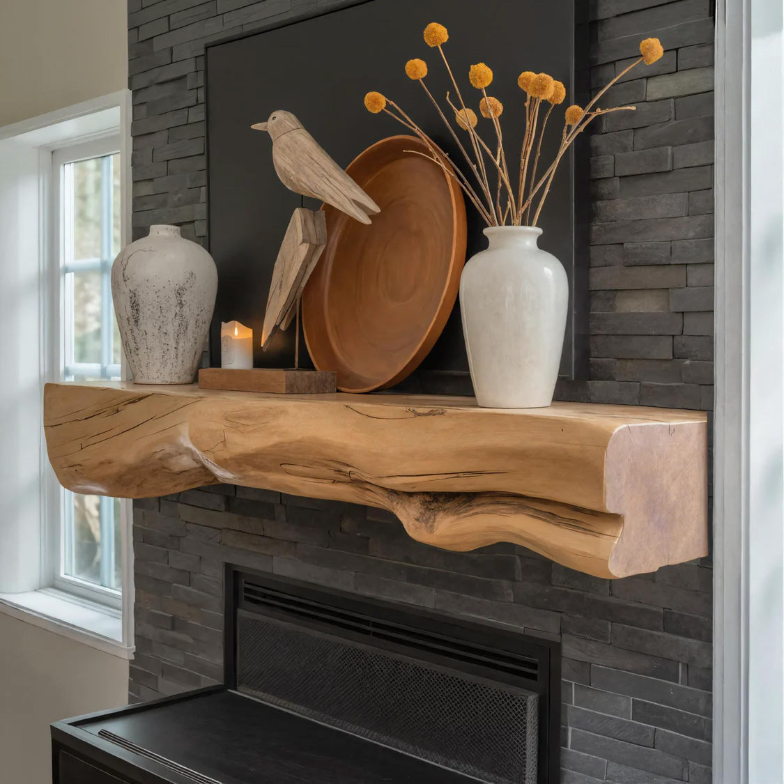 Single-Block Live Edge Fireplace Mantel with Knots, 36 to 84 Inch