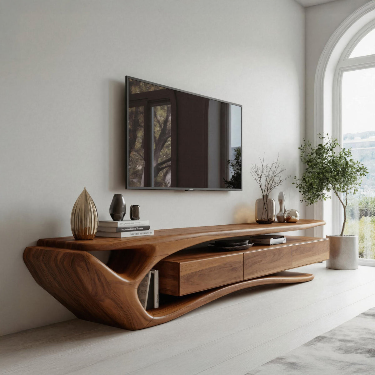 Curved TV Stand, Mid Century Modern Solid Wood Media Console