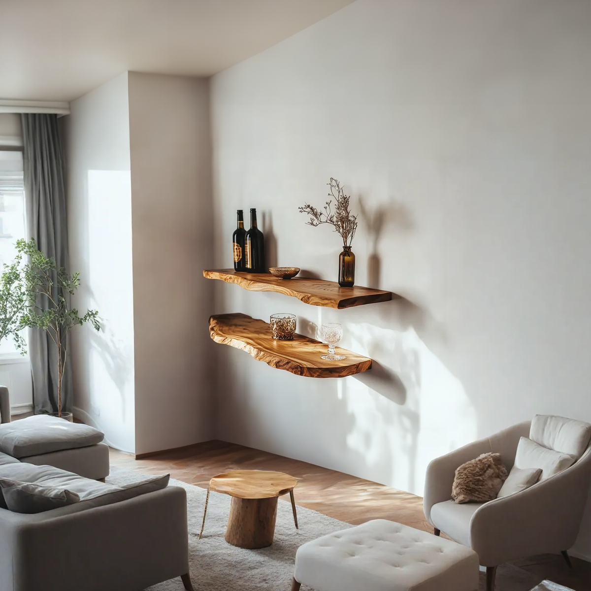 Solid Wood Live Edge Floating Wall Shelf, Sold Individually