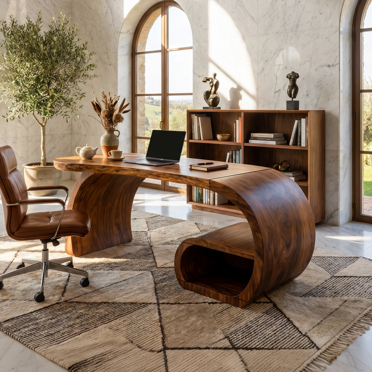 Contemporary Sculpted Desk With Side Shelf For Studio Interior