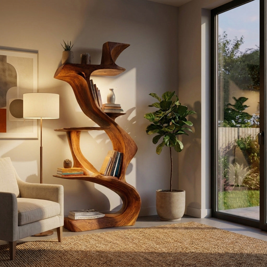 Sculptural Standing Bookcase, Freeform Natural Wood Bookshelf