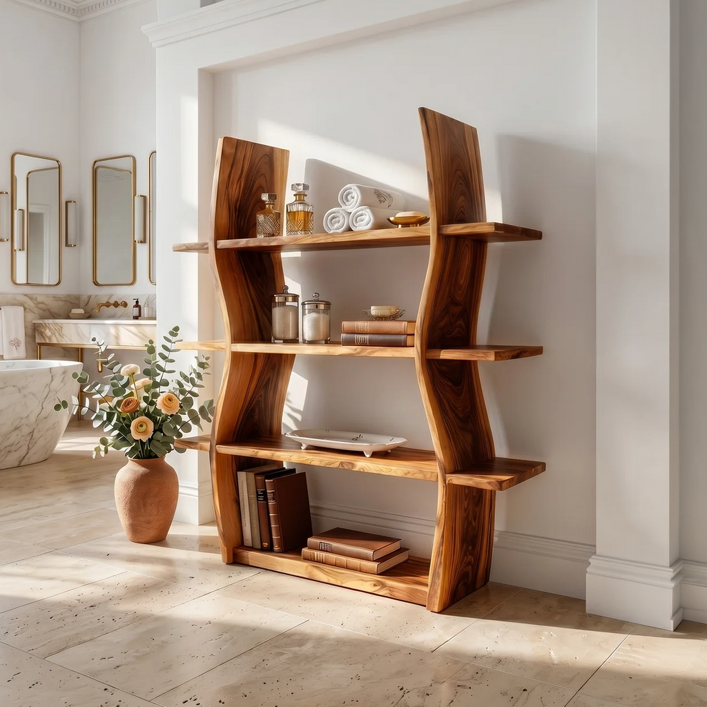 Wave Form Open Wood Storage Shelf, 47 To 79 Inch Tall