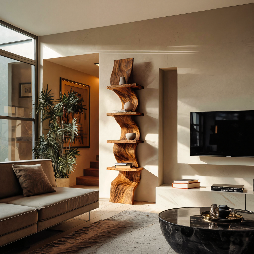 Central Spine Wave Wall Shelf in Wood, Tiered, 47 to 70 in Tall