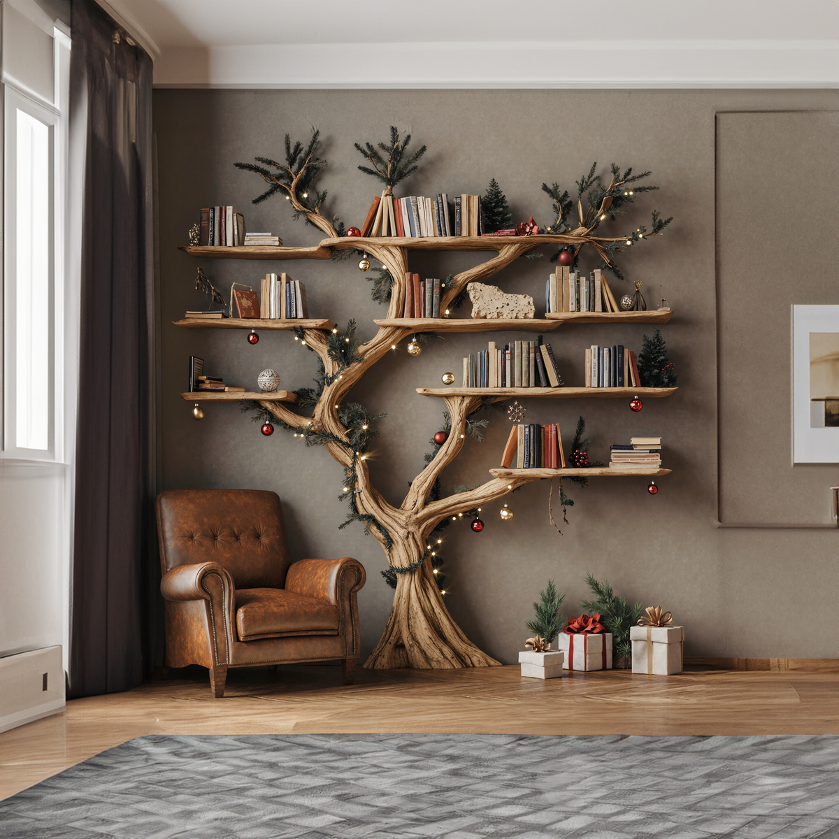 Square Driftwood Branch Wall Shelf in Brown, 70 by 70 Inches