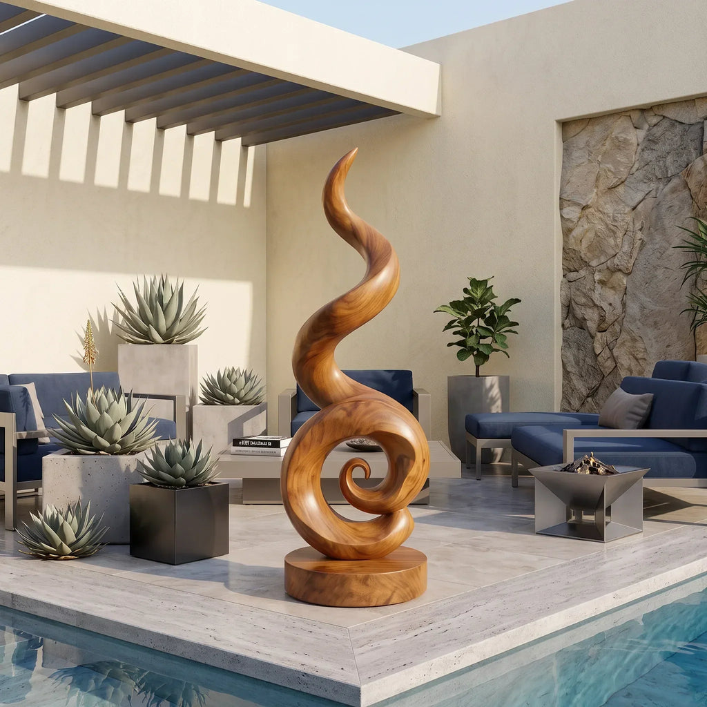 Coiling Spiral Carved Wood Sculpture For Poolside Patios