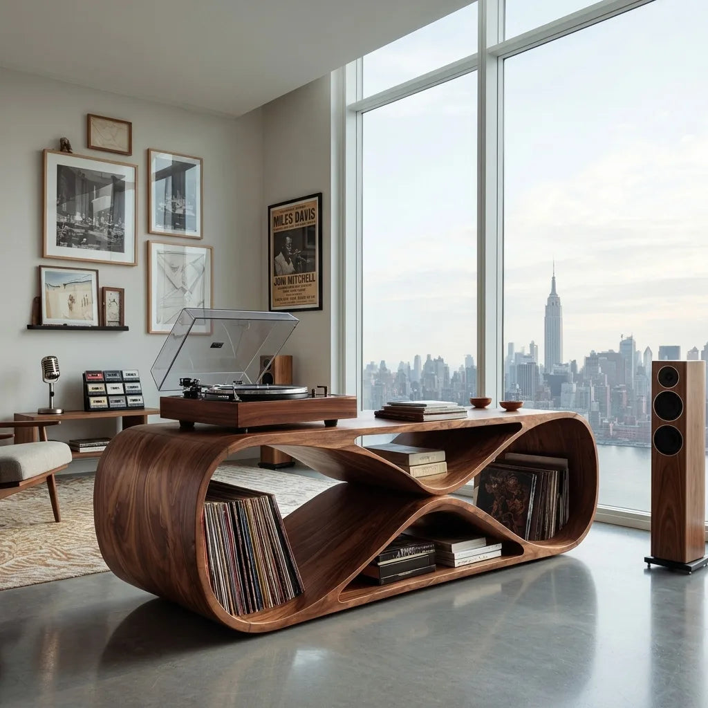 Curved Wood Vinyl Record Cabinet With Turntable Top, 44 To 71 Inch