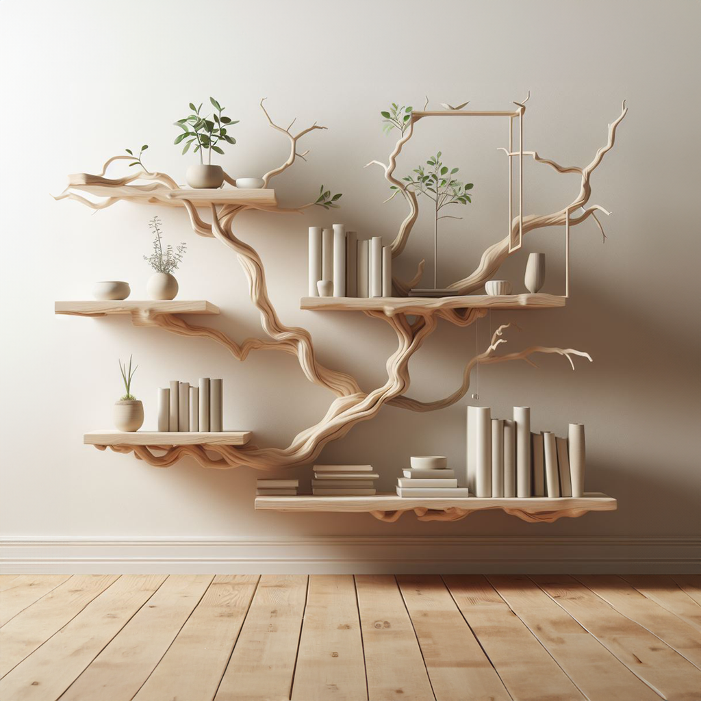 White Carved Tree Wall Shelf with Floating Ledges, 60 x 50 Inch