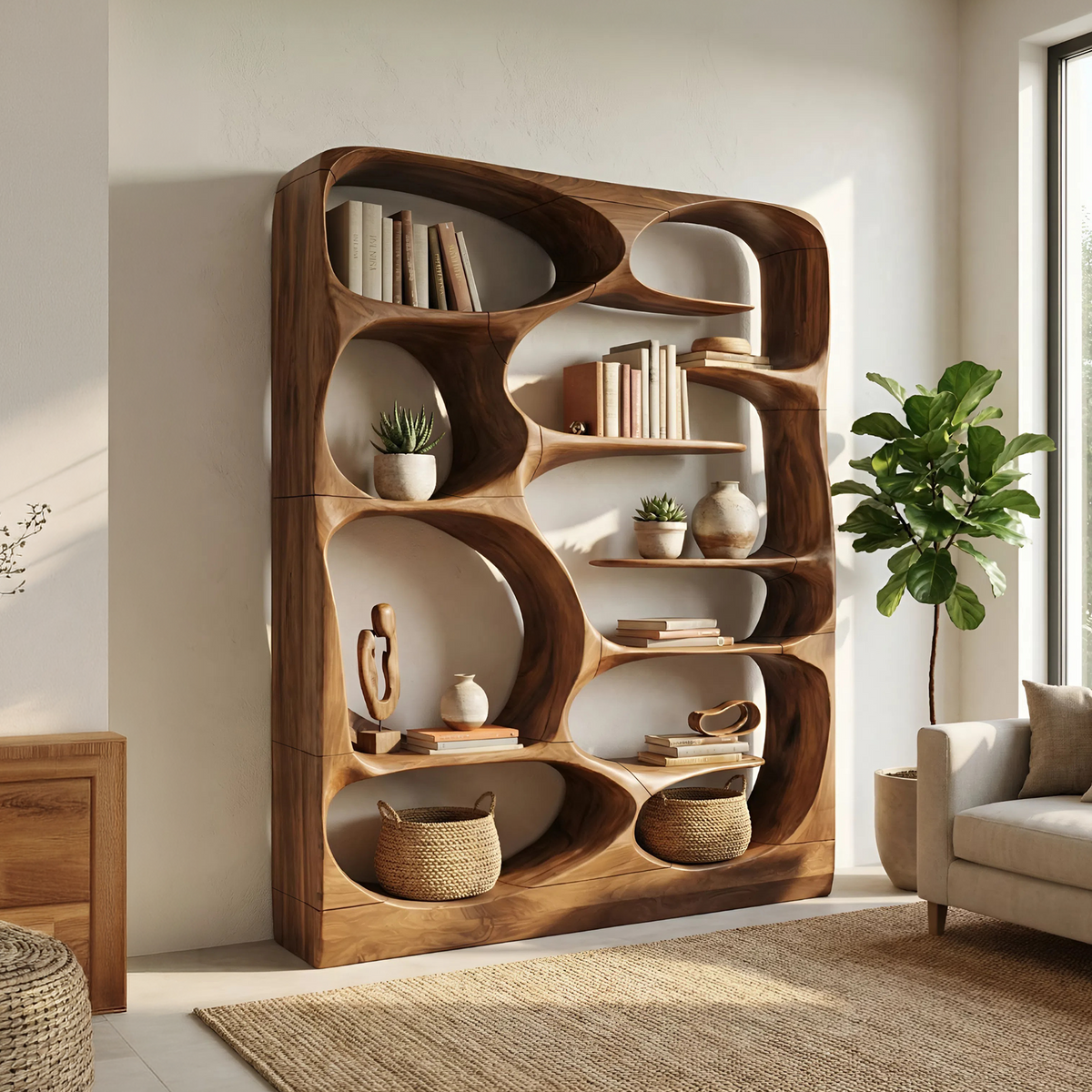 Modern Sculptural Wood Bookshelf