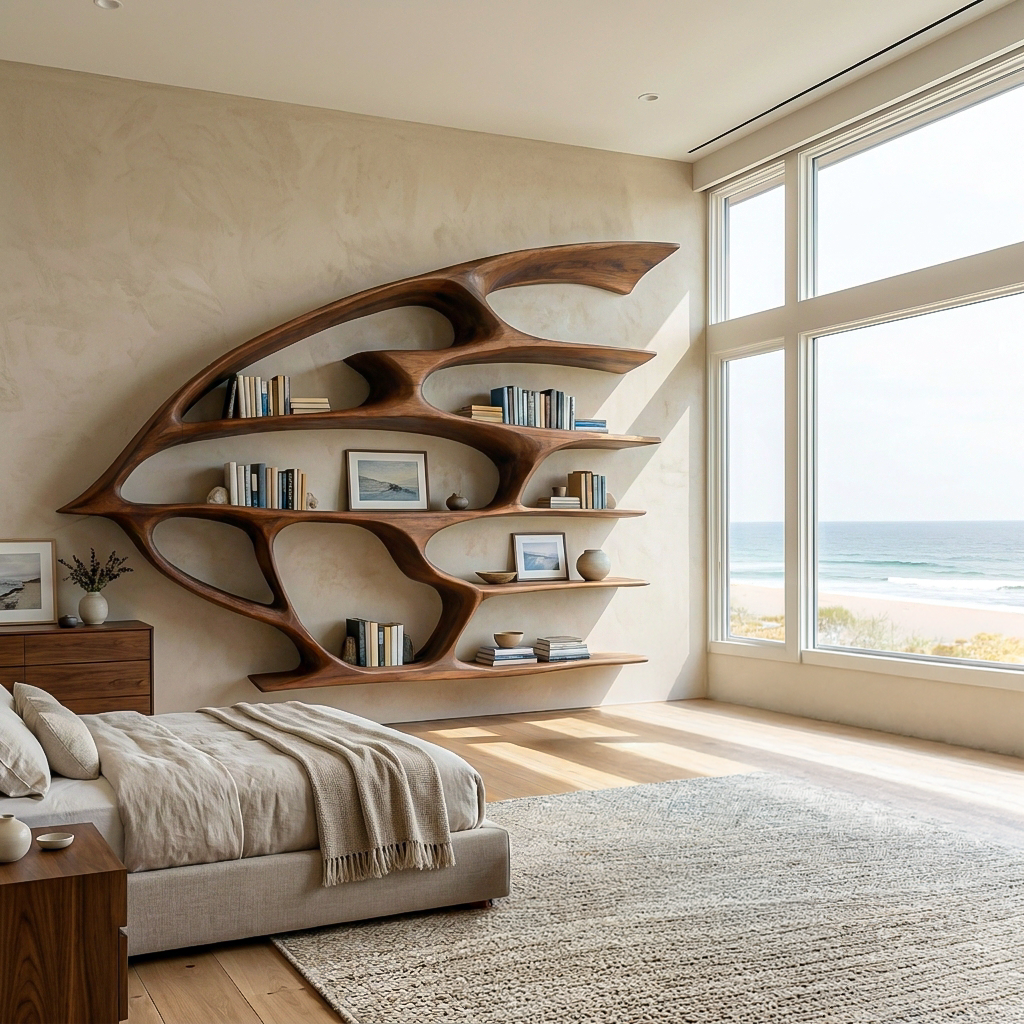 Wide Flowing Wall-Mounted Wood Bookshelf, 60 to 75 Inch Long