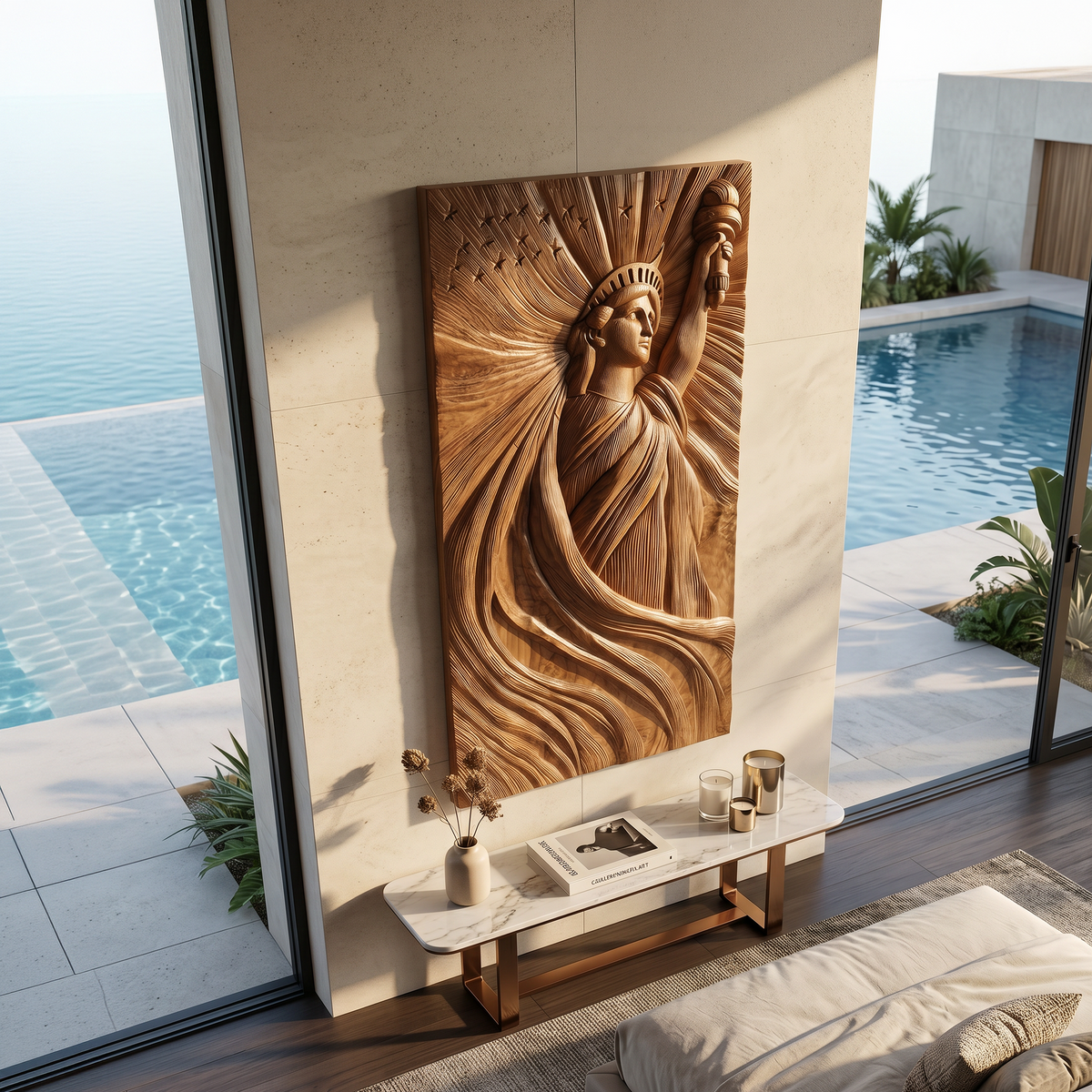 Coastal Modern Statue of Liberty Wood Wall Art, Handcrafted 3D Wooden Icon Sculpture Panel