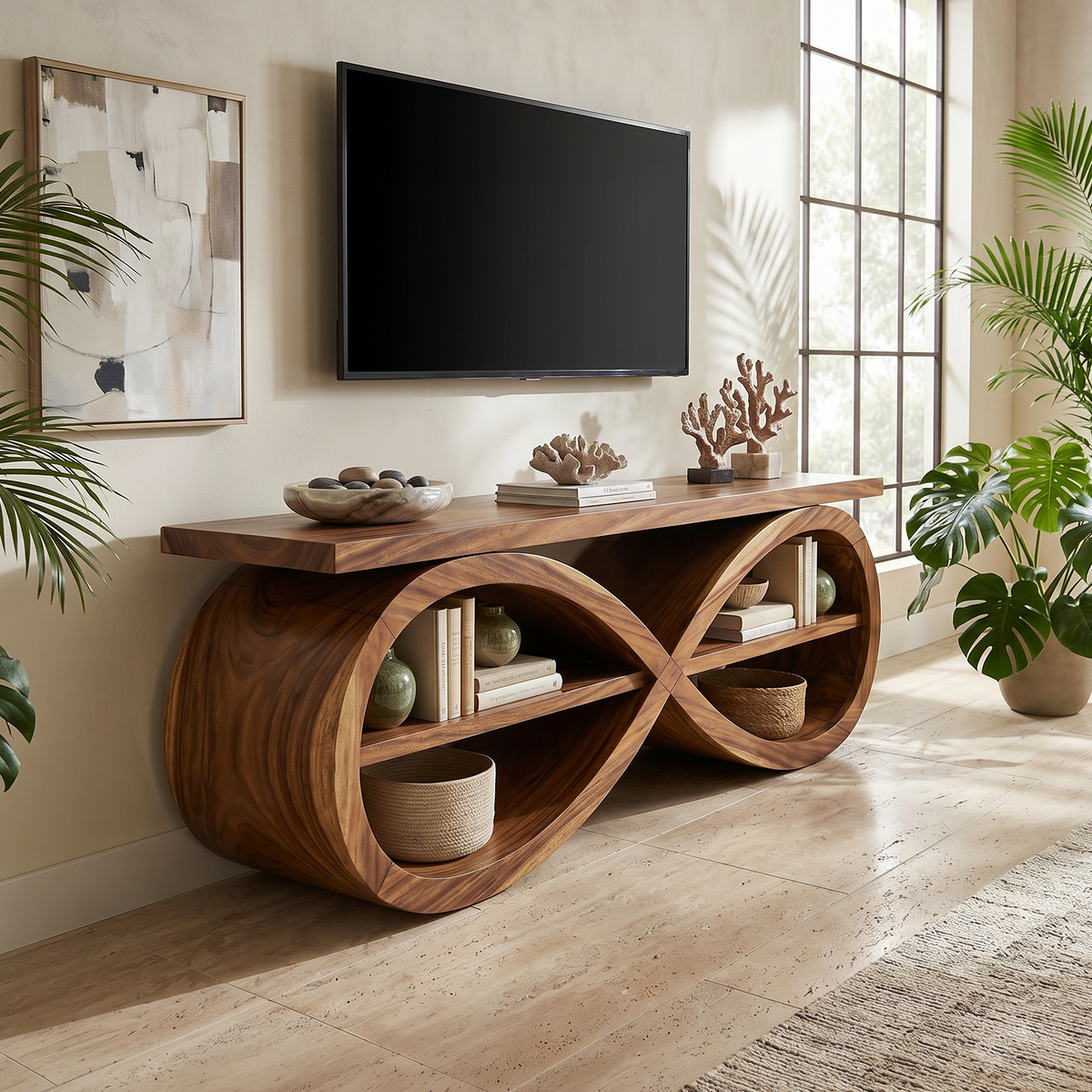 Handcrafted Wooden Media Cabinet With Sculpted Lines, 51 To 83 In