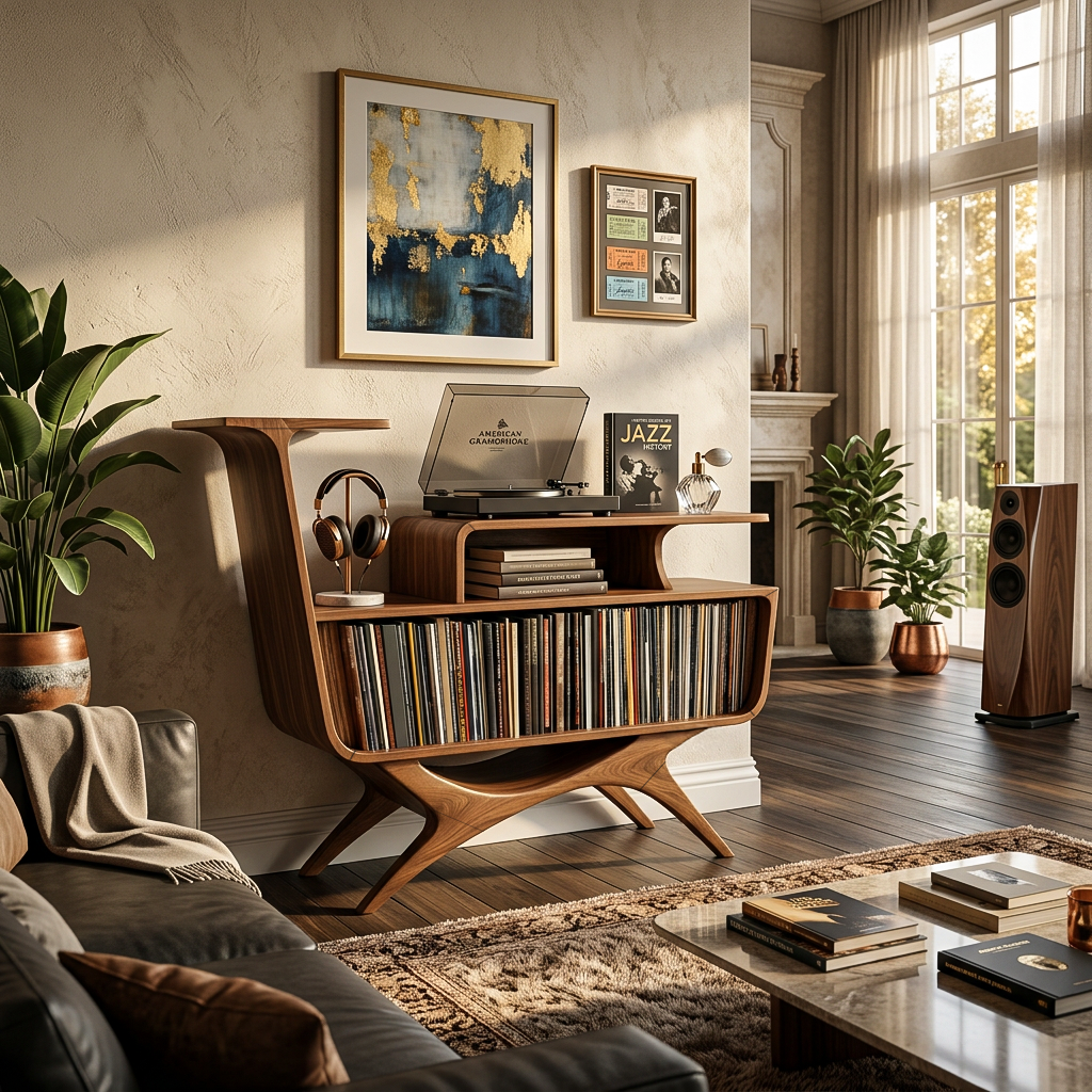 Turntable Console with Raised Top and Vinyl Shelves, 41 to 59 in