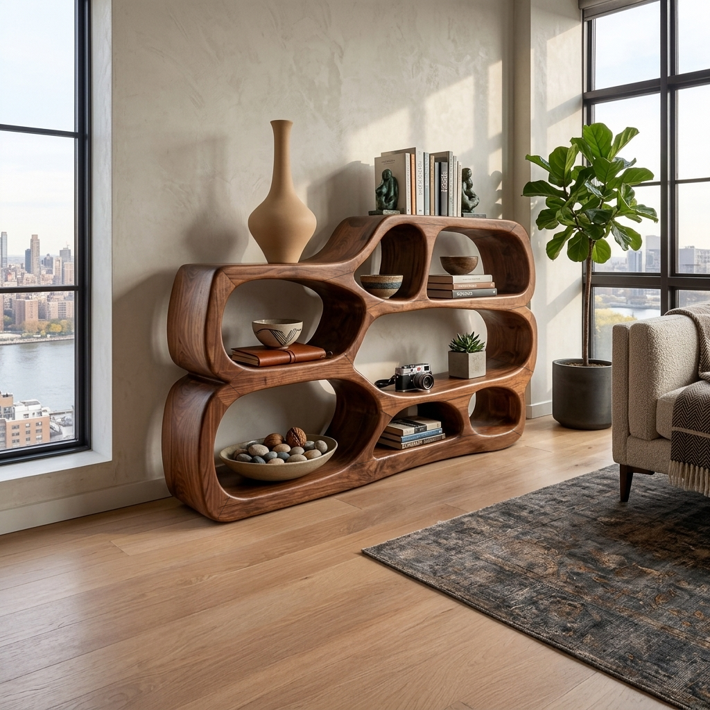 Low Wide Curved Bookshelf With Open Sculptural Shelves, 54 to 72 Inch