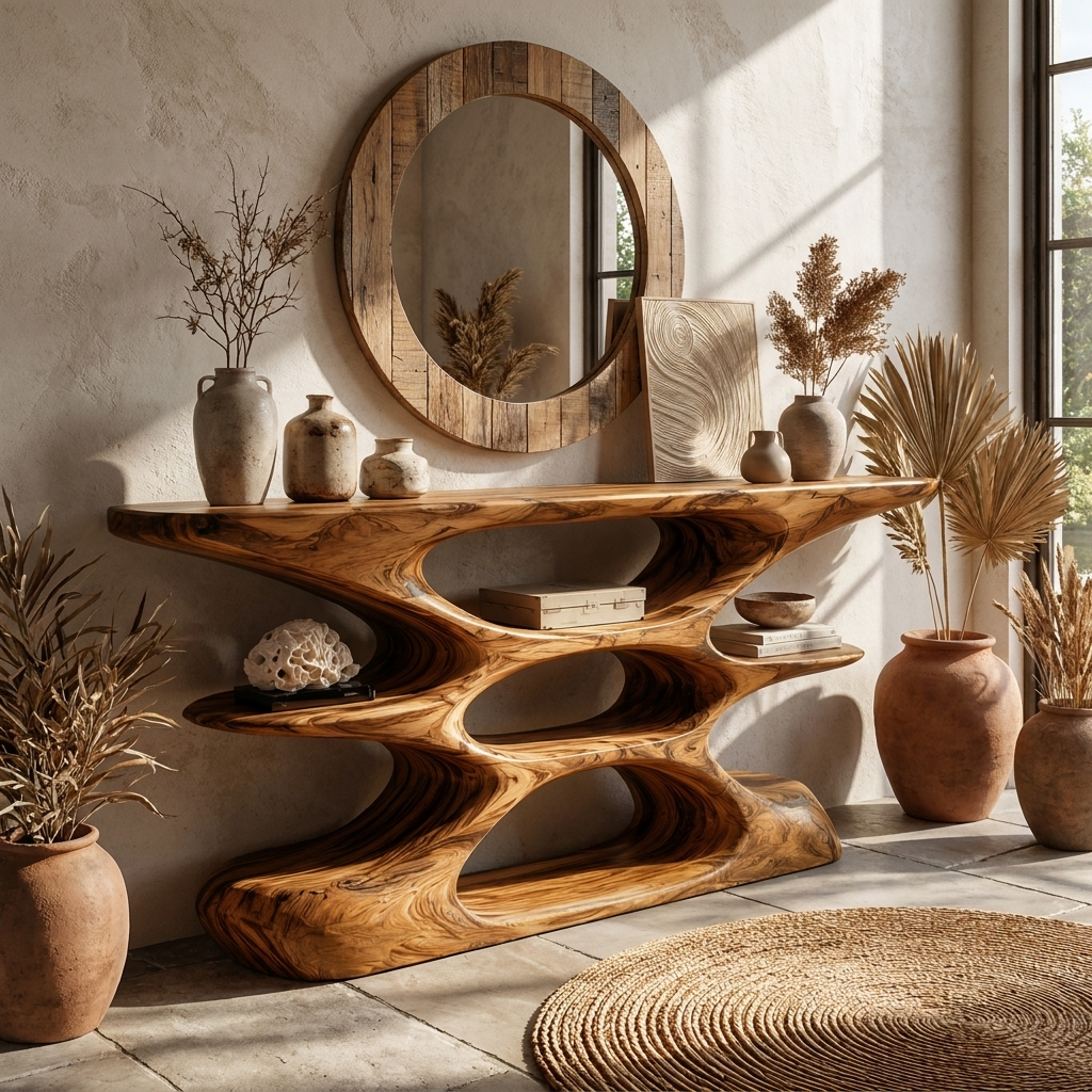 Layered Curve Wood Console With Open Cutout Shelves, 51 To 76 In