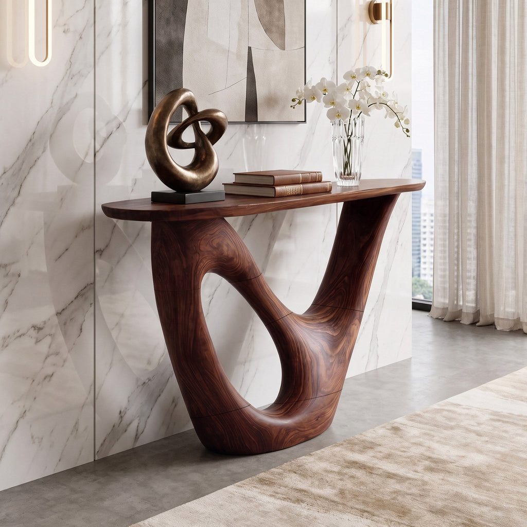 Mid Century Live Edge Console Table Sculptural Solid Wood For Living Room
