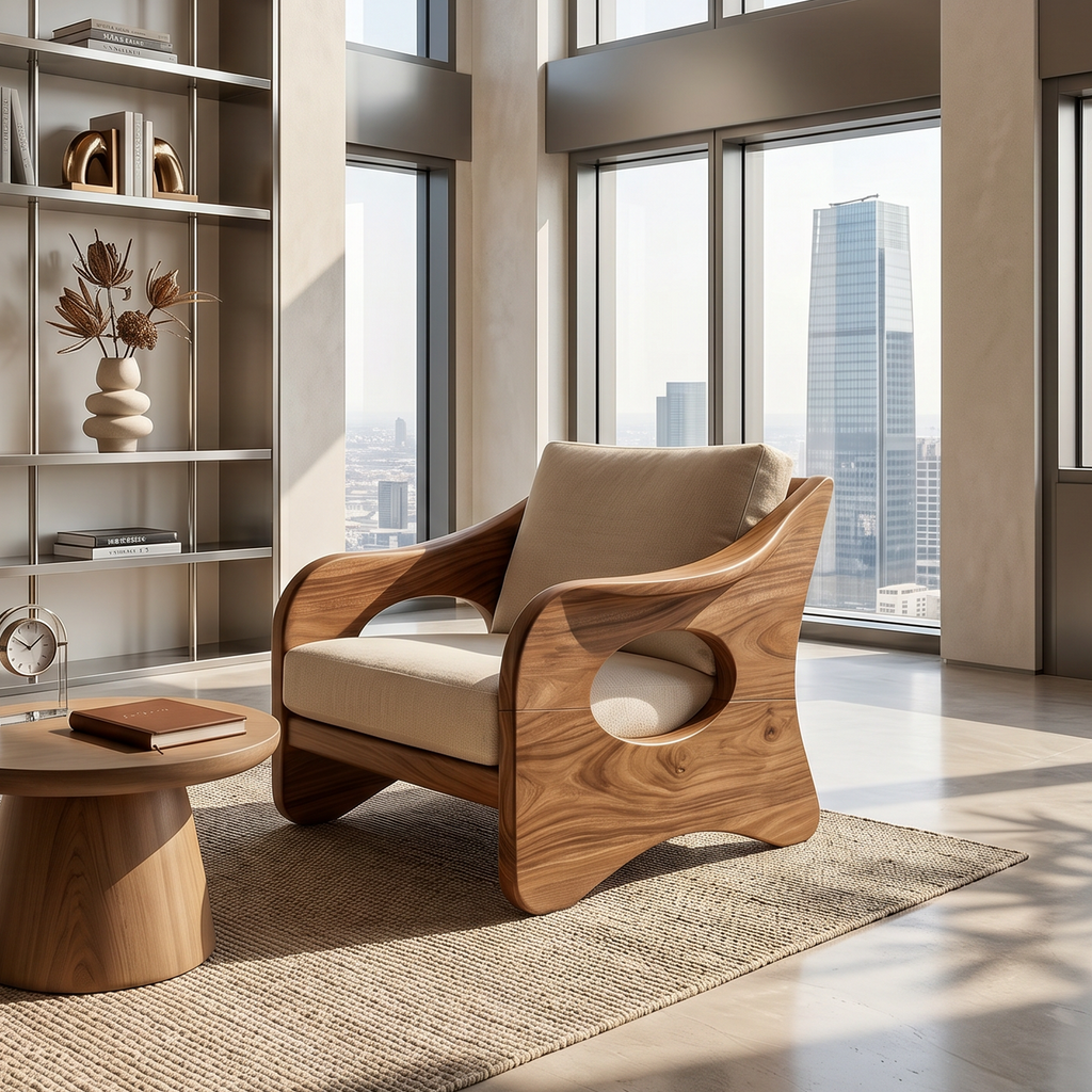 Curved Solid Wood Armchair For Executive Office Lounges