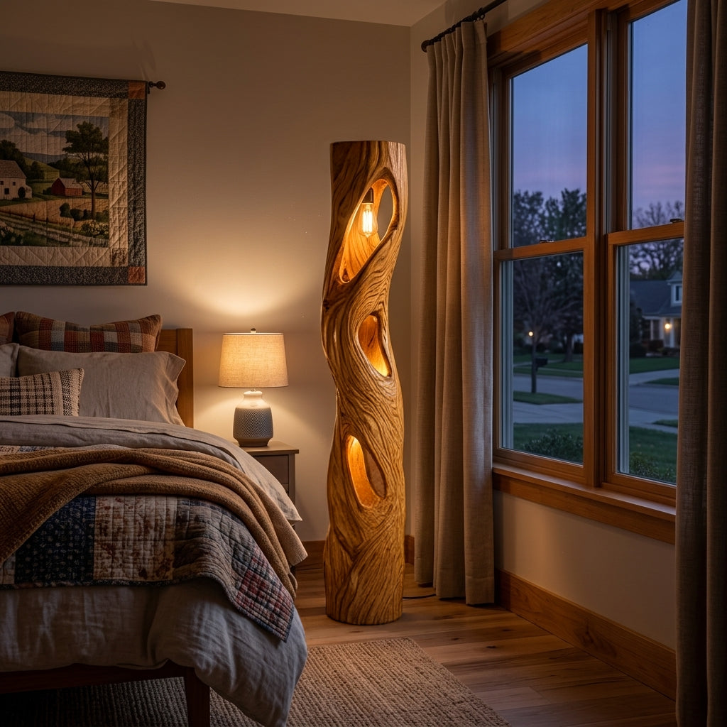 Rustic Sculptural Wooden Floor Lamp For Home Decor