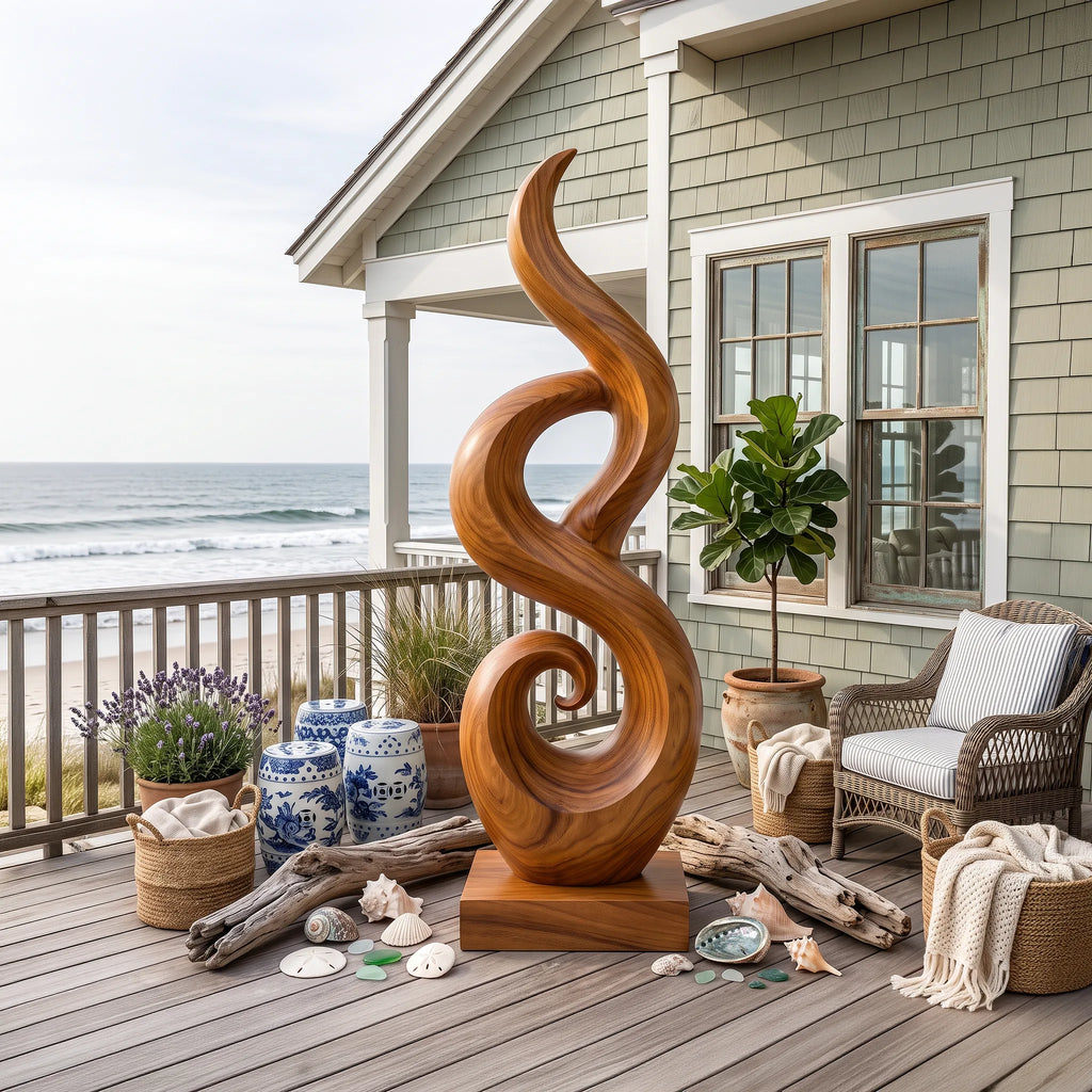 Open-Grain Carved Wood Floor Sculpture For Beach House Interiors