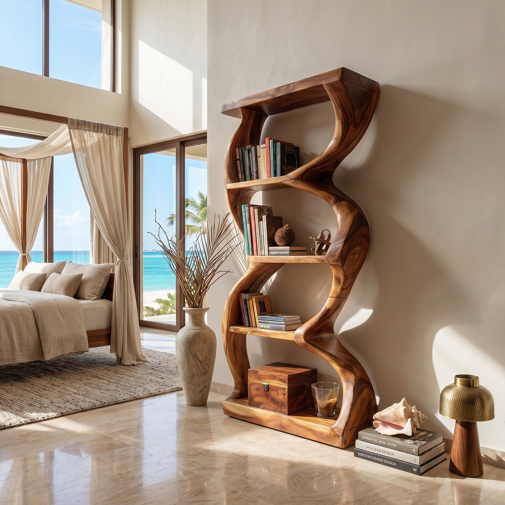 Soft Curve Wooden Bookcase With Open Shelves, 47 to 79 Inch