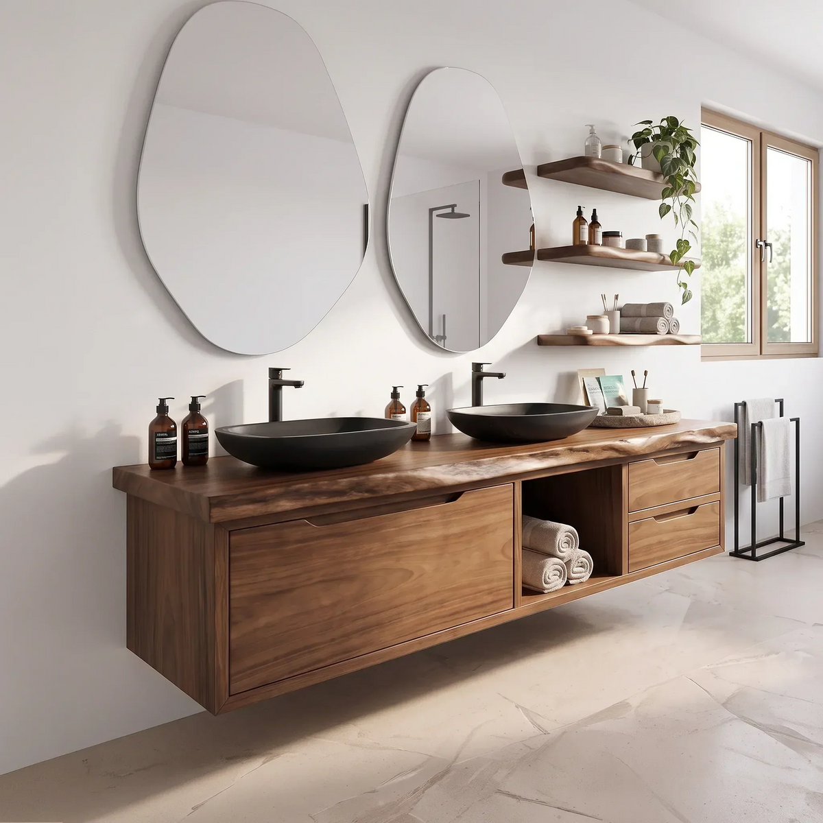 Double Sink Wood Bathroom Vanity With Split Storage For Two