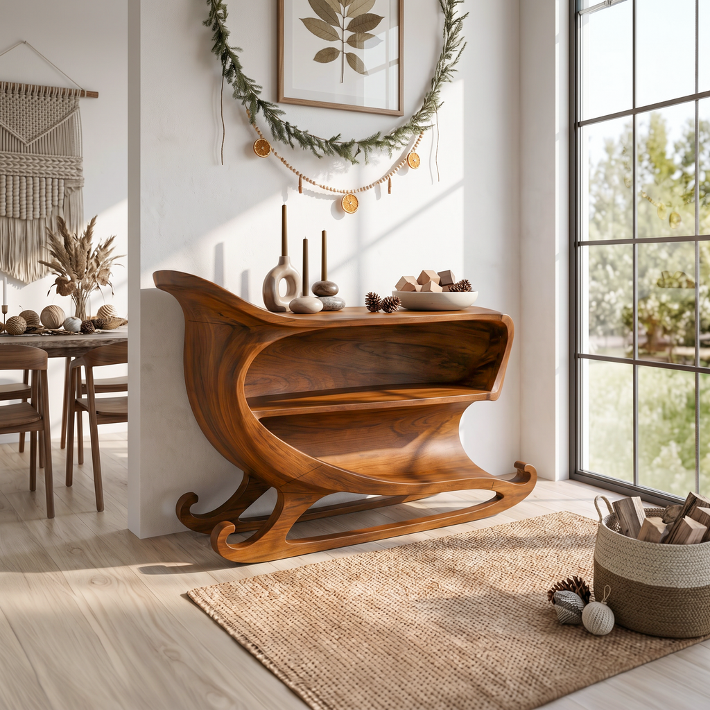 Farmhouse Christmas Console Table With Sleigh Inspired Scroll Design For Entryway And