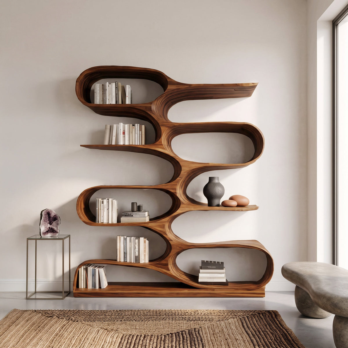 Wavy Tiered Wood Bookcase for Living Room or Study, 47 to 80 in Tall