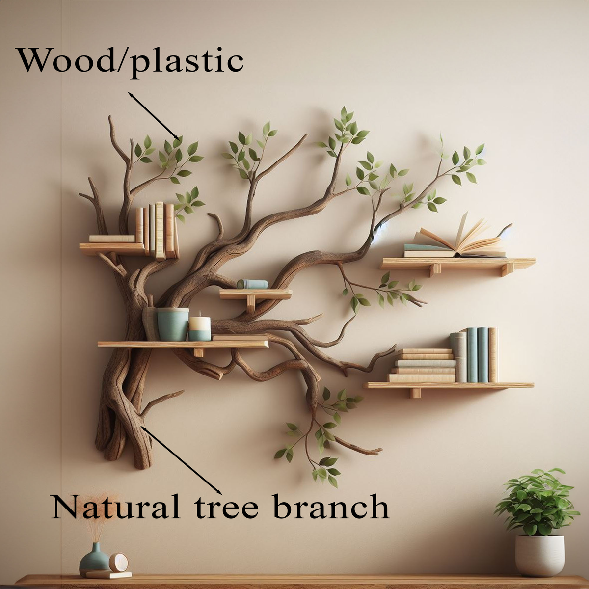 Wall Tree Bookcase with Wood or Faux Leaves, 72 in Wide x 48 in