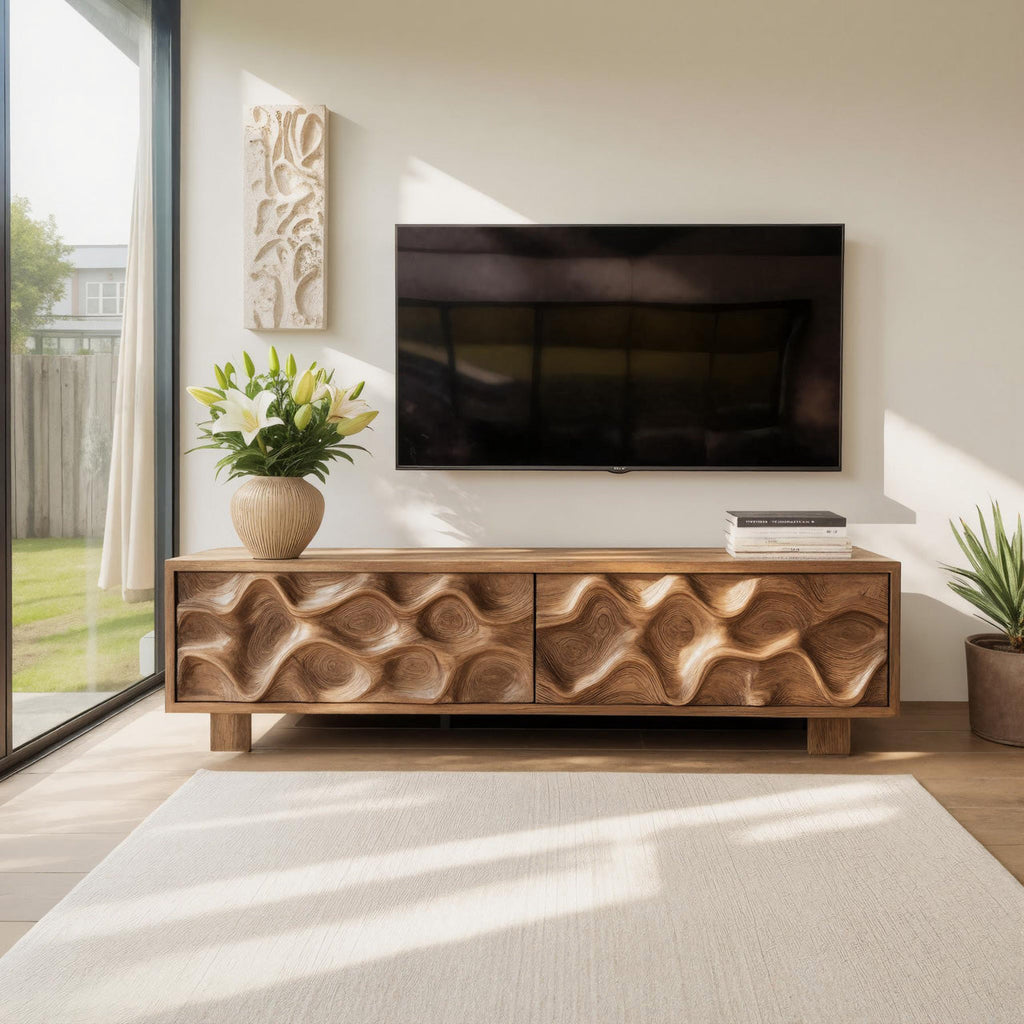 Hand Carved TV Stand With Wave Design For Living Room