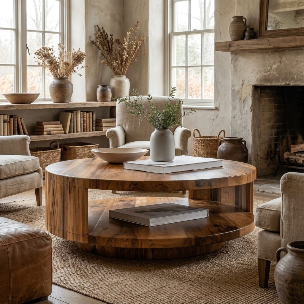 Round Coffee Table with Shelf, Modern Solid Wood Living Room Table