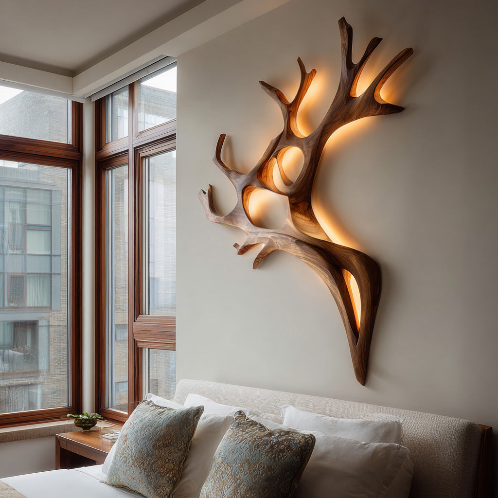 Backlit Carved Branch Wall Lamp, Sculptural Wood, 47 to 63 Inch Tall