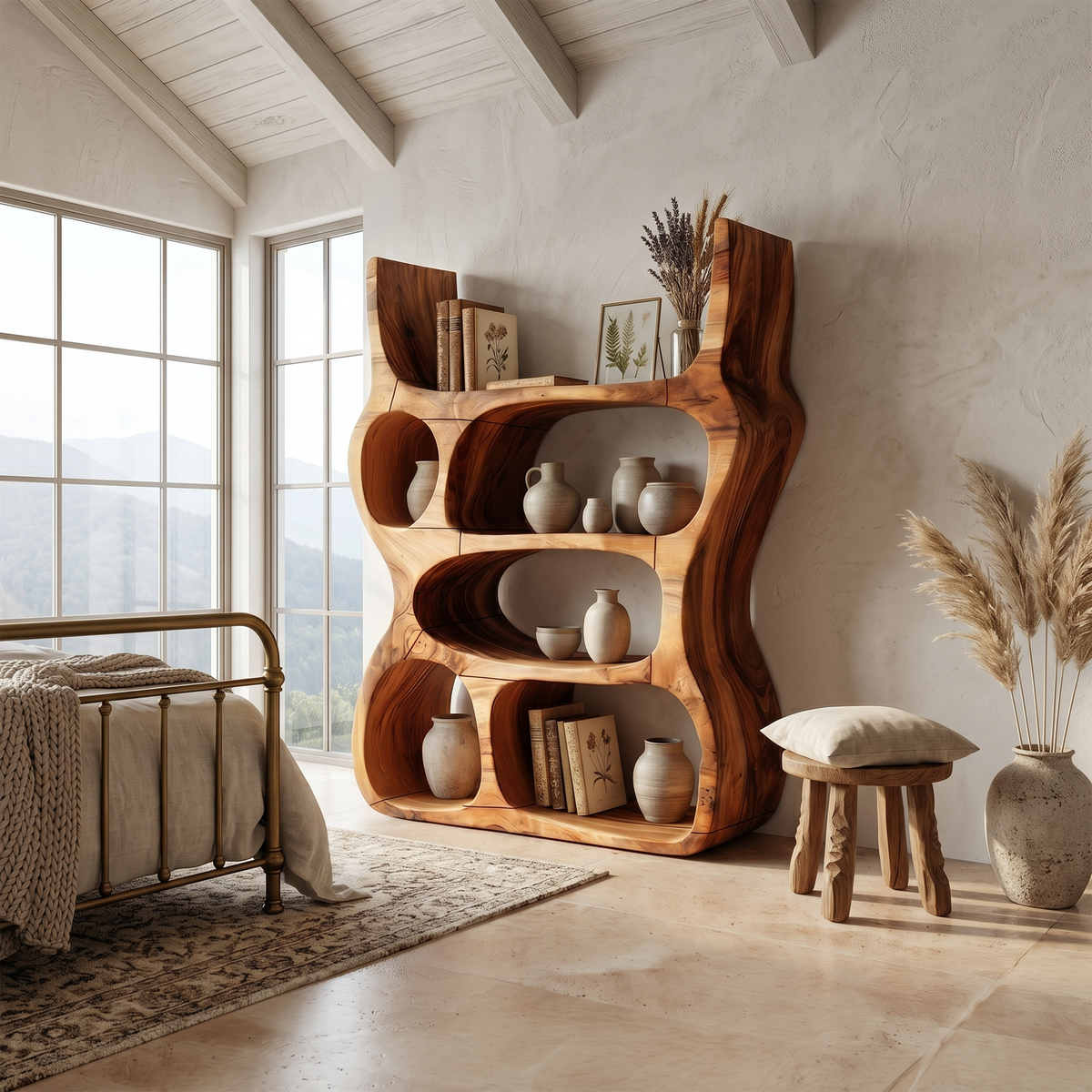 Organic Form Wooden Display Shelf For Candles, Plants And Books