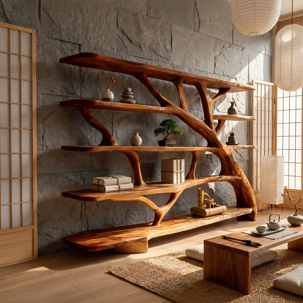 Asymmetric Wavy Wood Bookcase for Bedroom or Reading Nook, 59-83 in
