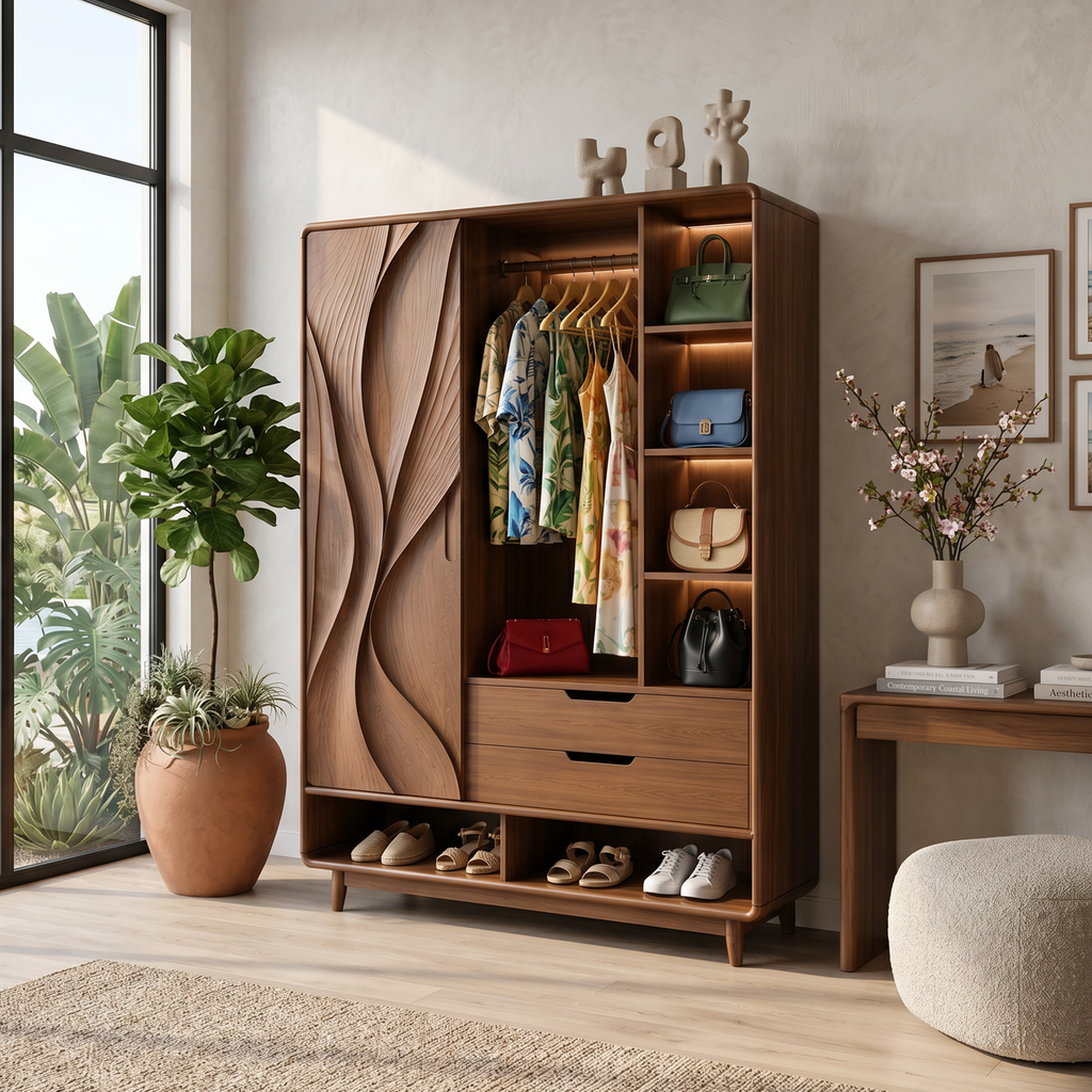 Tall Curved Front Wooden Wardrobe Armoire For Bedroom Clothing Storage