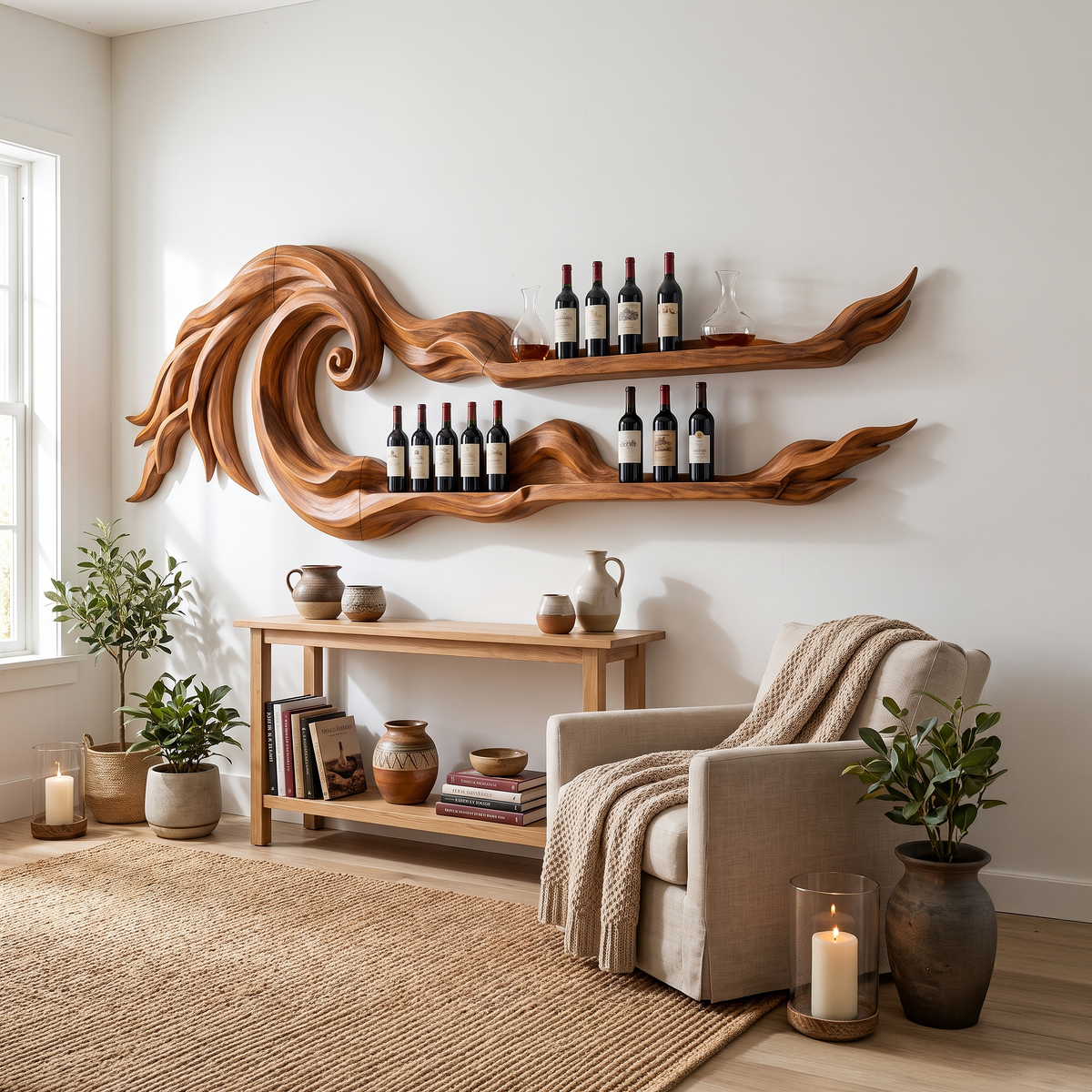 Long Wall-Mounted Wood Wine Rack For Beach Houses, 70 to 88 Inch
