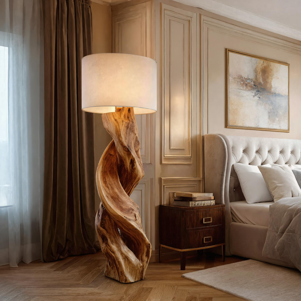 Hand-Shaped Twisting Wood Floor Lamp with Fabric Shade, 39-63 in