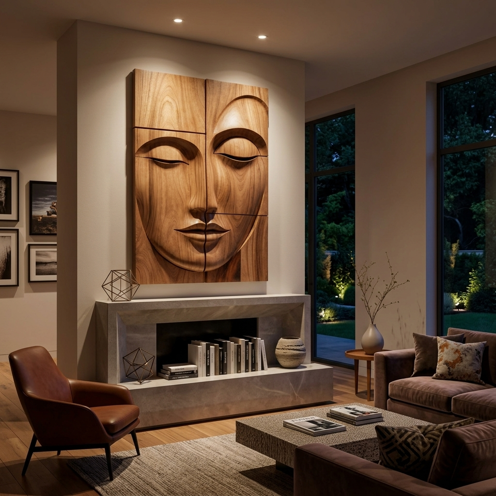 Multi-Panel Carved Wood Buddha Face Relief Wall Decor, 47-71 in