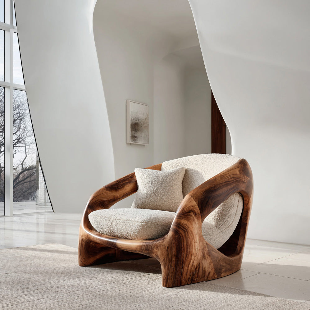 Upholstered Curved Solid Wood Armchair For Modern Living Rooms