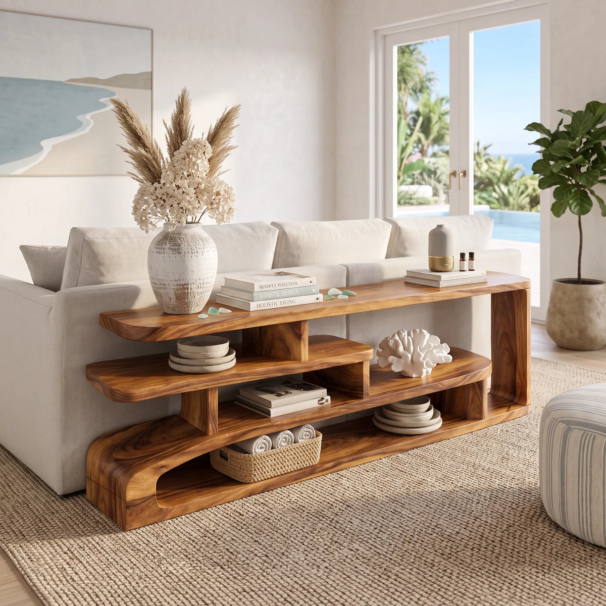 Long Shallow Layered Shelf Console For Narrow Hallways