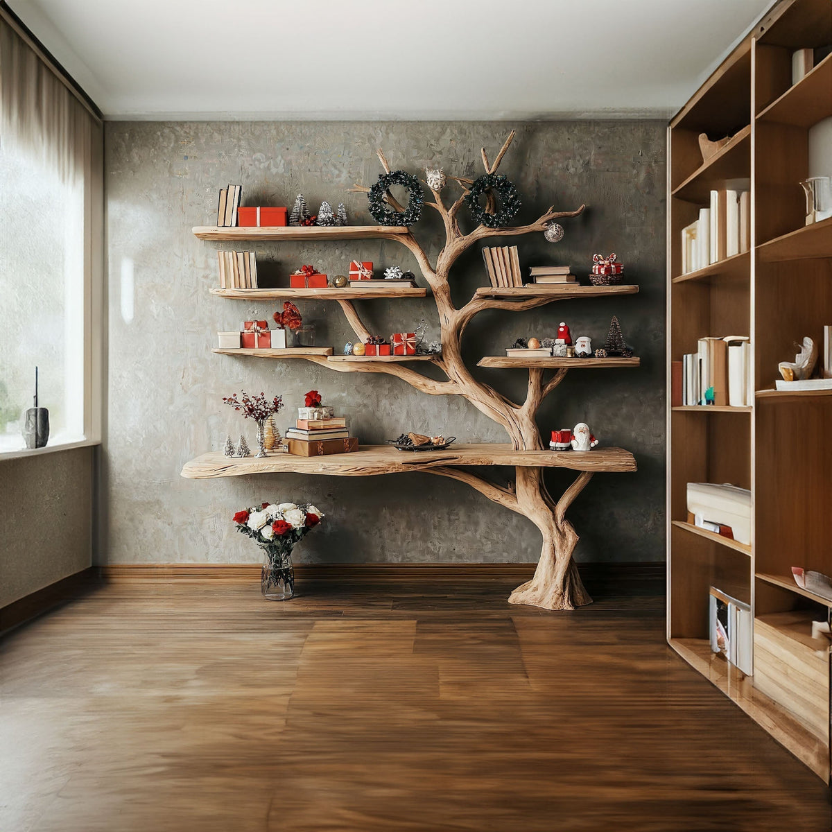 Slender Driftwood Branch Wall Shelf, 84 in Tall and 45 in Wide