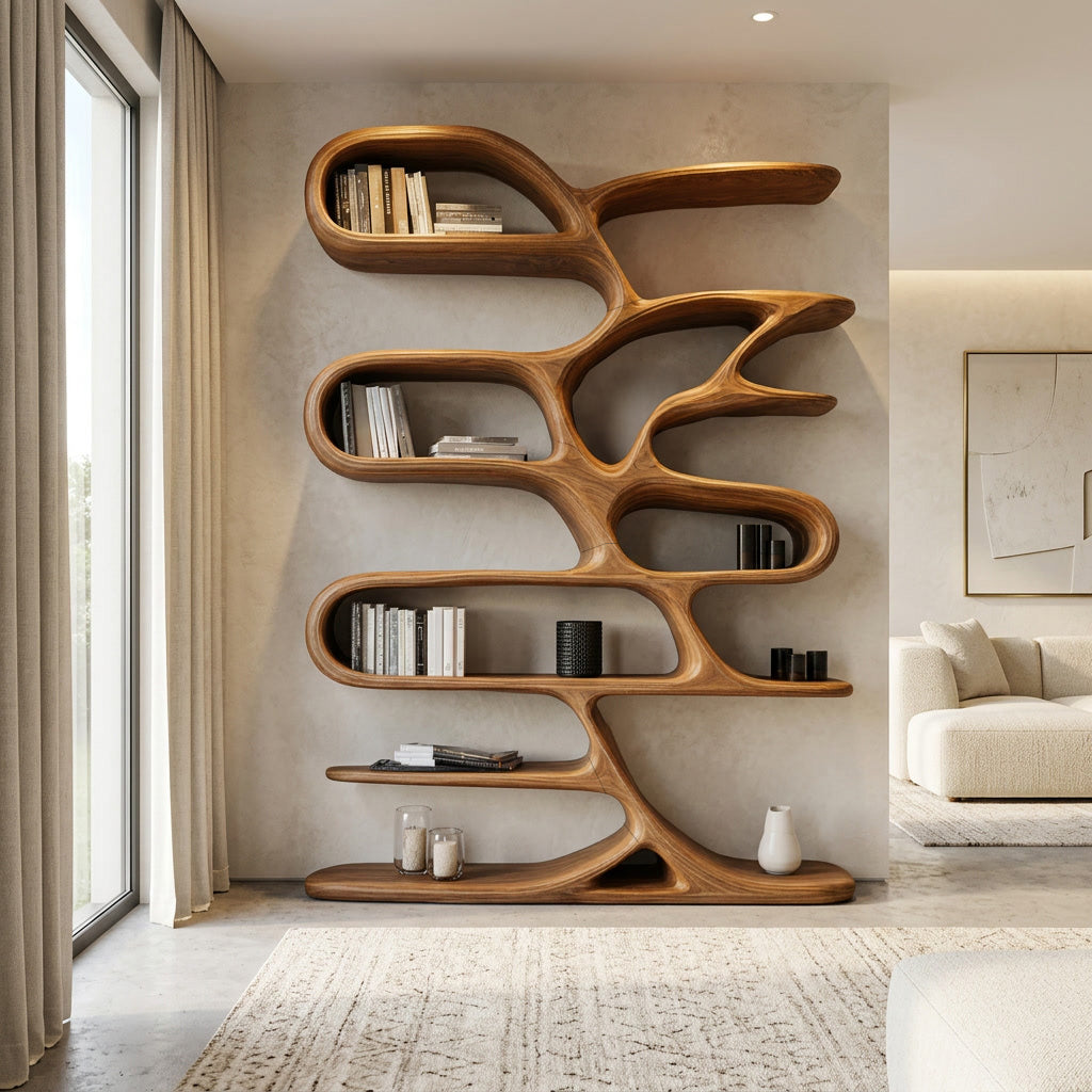 Softly Curved Open Wood Bookcase For Minimalist Rooms, 59-79 In