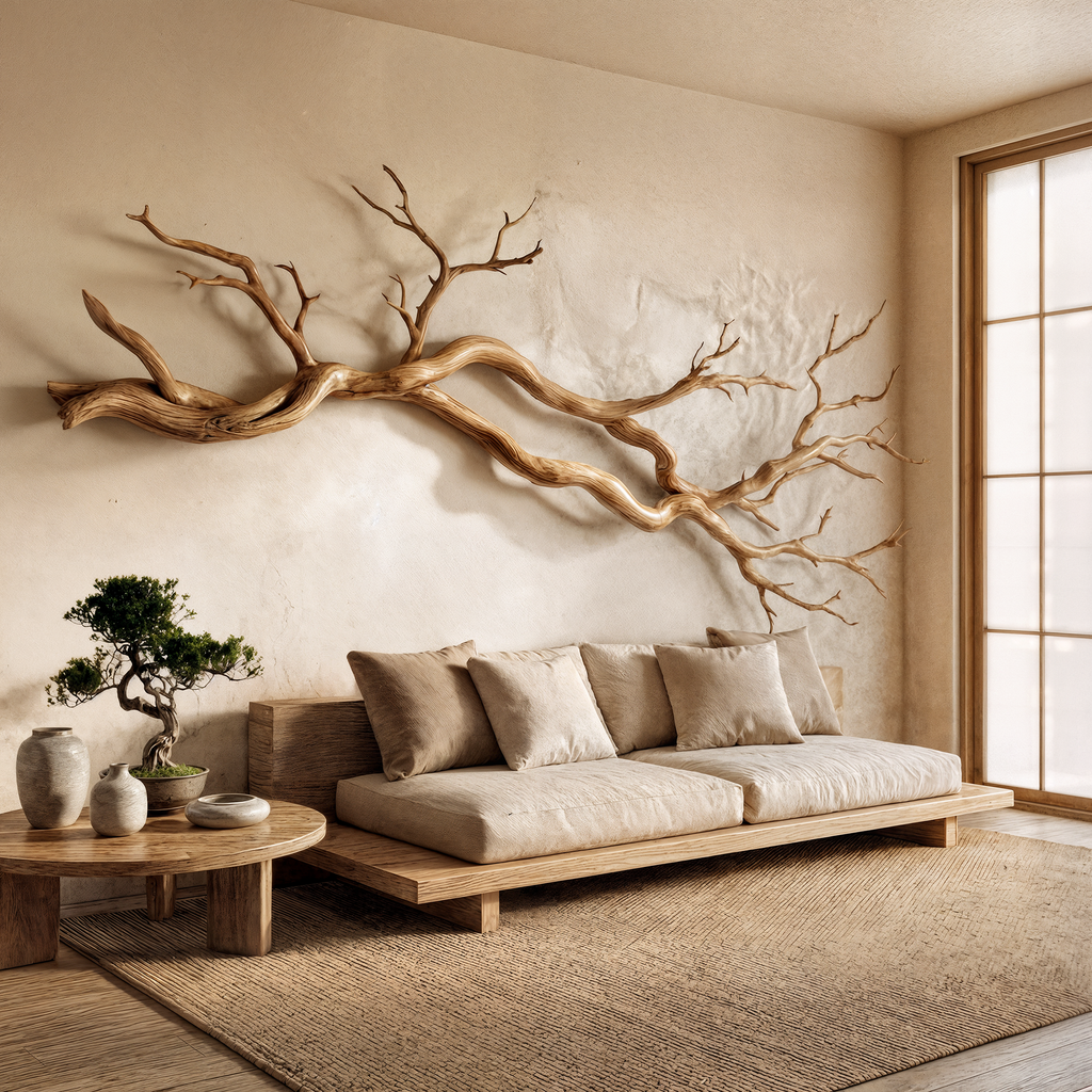 Horizontal Wall Sculpture, Wabi Sabi Carved Wood Hand and Clover
