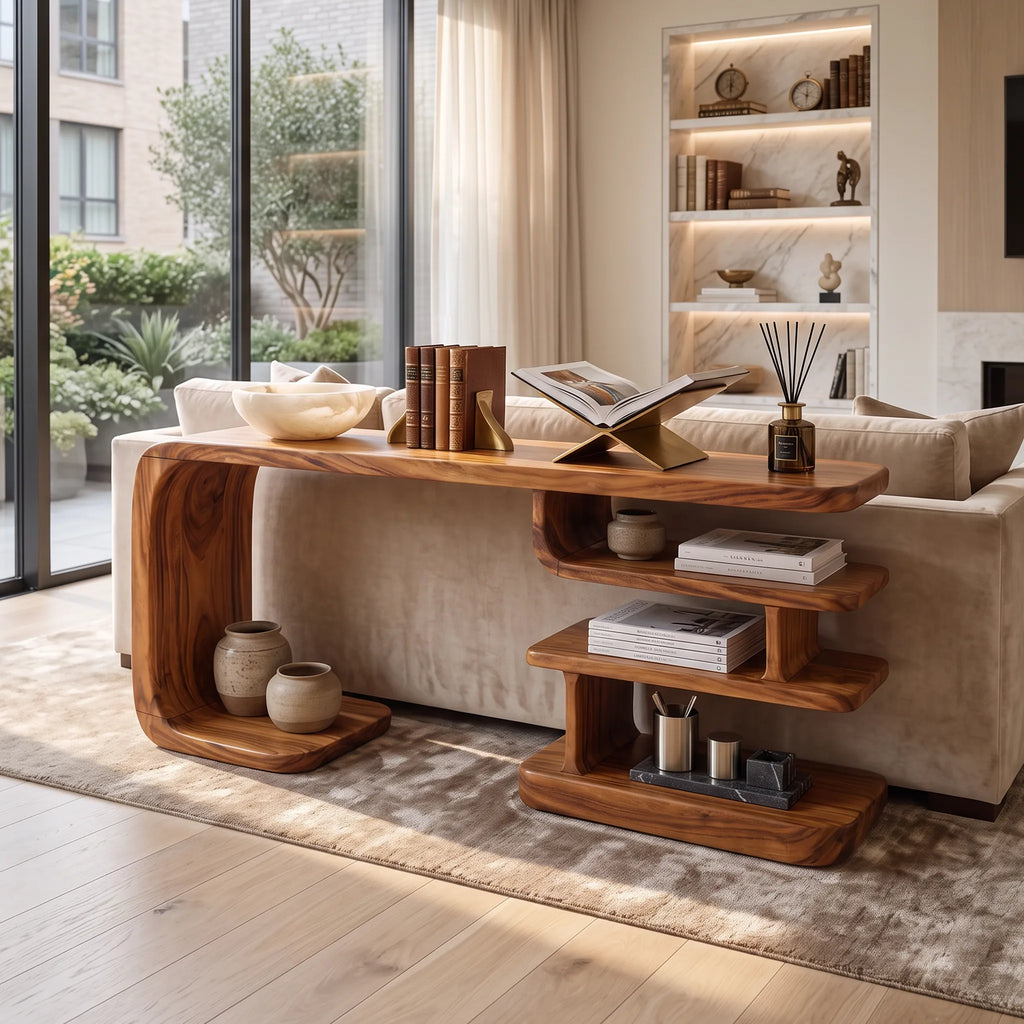 Multi-Level Shelf Console For Living Room Books And Ceramics