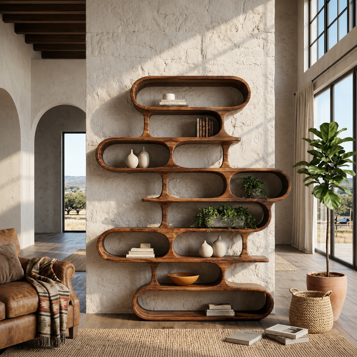 Flowing Curved Frame Wood Bookcase for Office, 63 to 79 in Tall