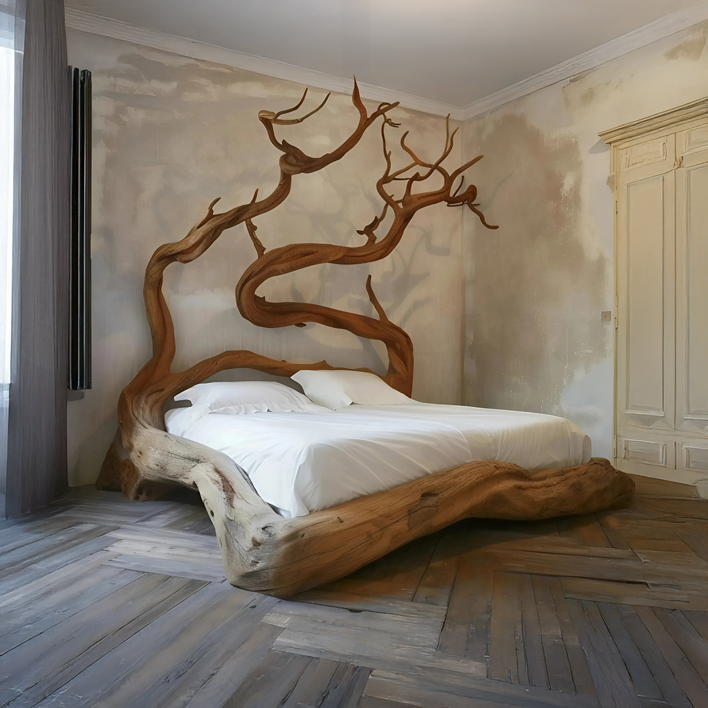 Curved Solid Wood Rustic Platform Bed Frame, Queen Or King